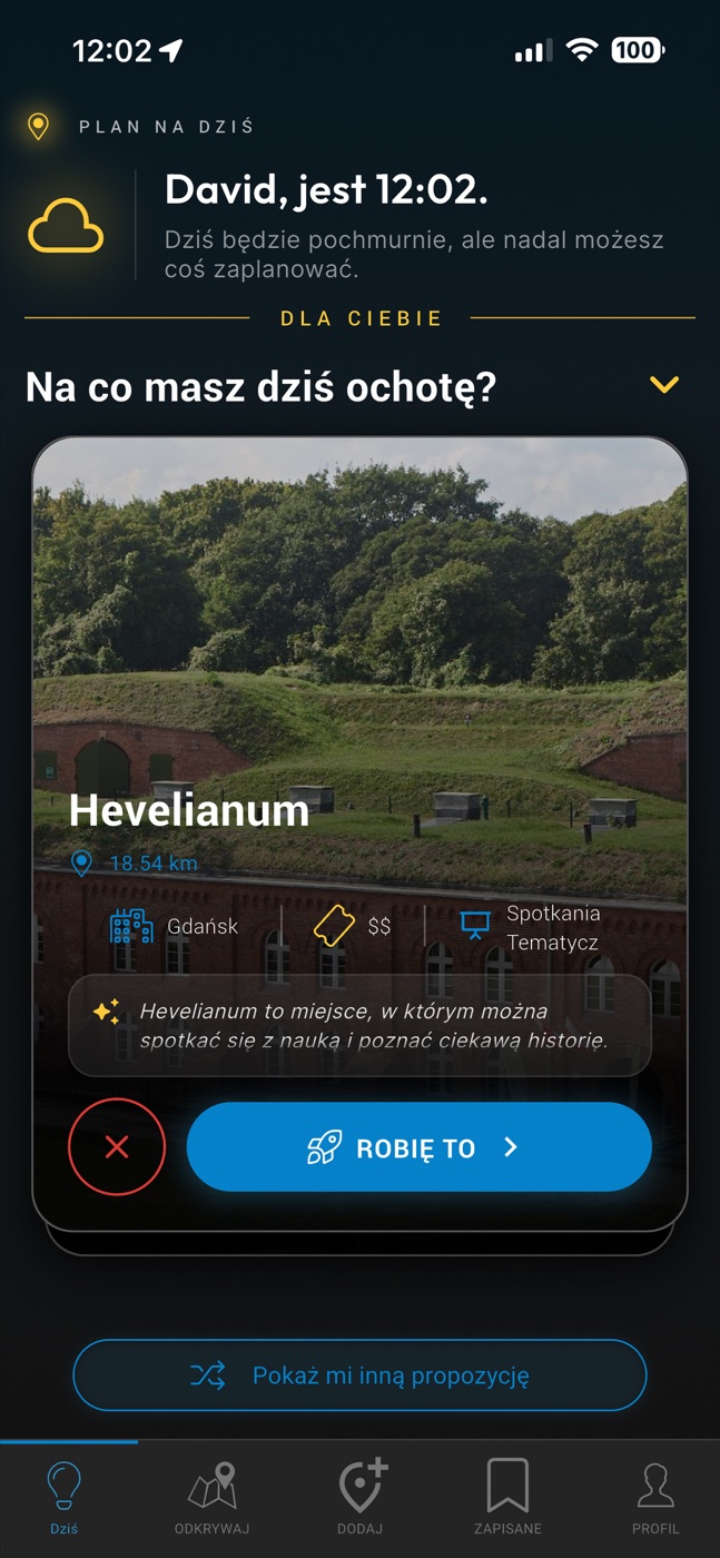 Utibi app screen showing a place recommended for today